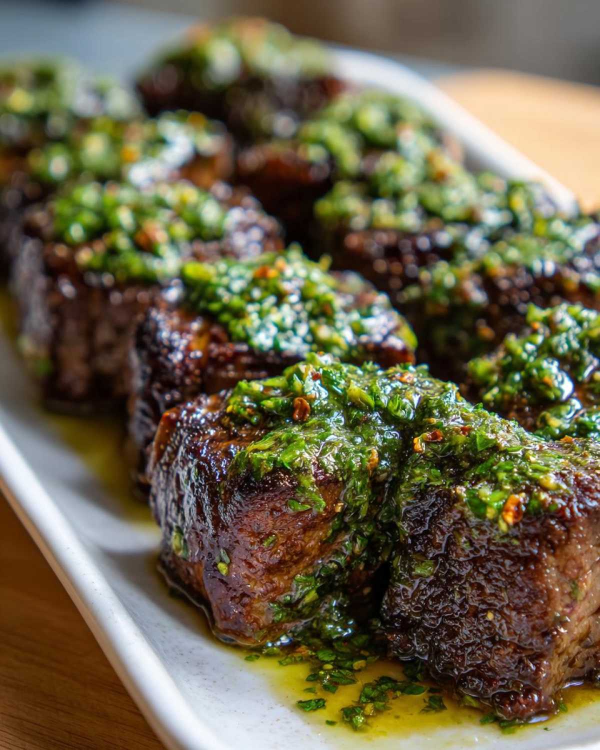 Close-up of seared Garlic Butter Steak Bites generously topped with a vibrant green herb sauce on a white platter.