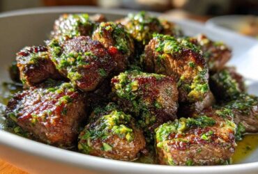 Close-up of juicy, seared Garlic Butter Steak Bites generously topped with a vibrant green herb sauce.