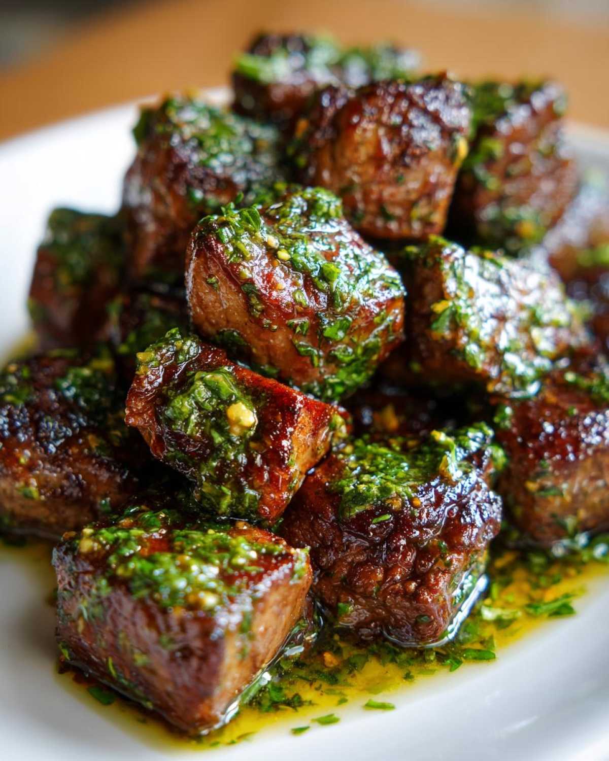 A pile of perfectly seared Garlic Butter Steak Bites generously coated in a bright green herb sauce.