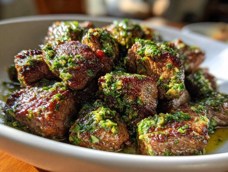 Close-up of juicy, seared Garlic Butter Steak Bites generously topped with a vibrant green herb sauce.