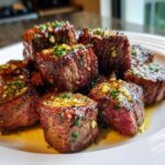 Close-up of several perfectly seared Garlic Butter Steak Bites with a juicy center, glistening with garlic butter and parsley.