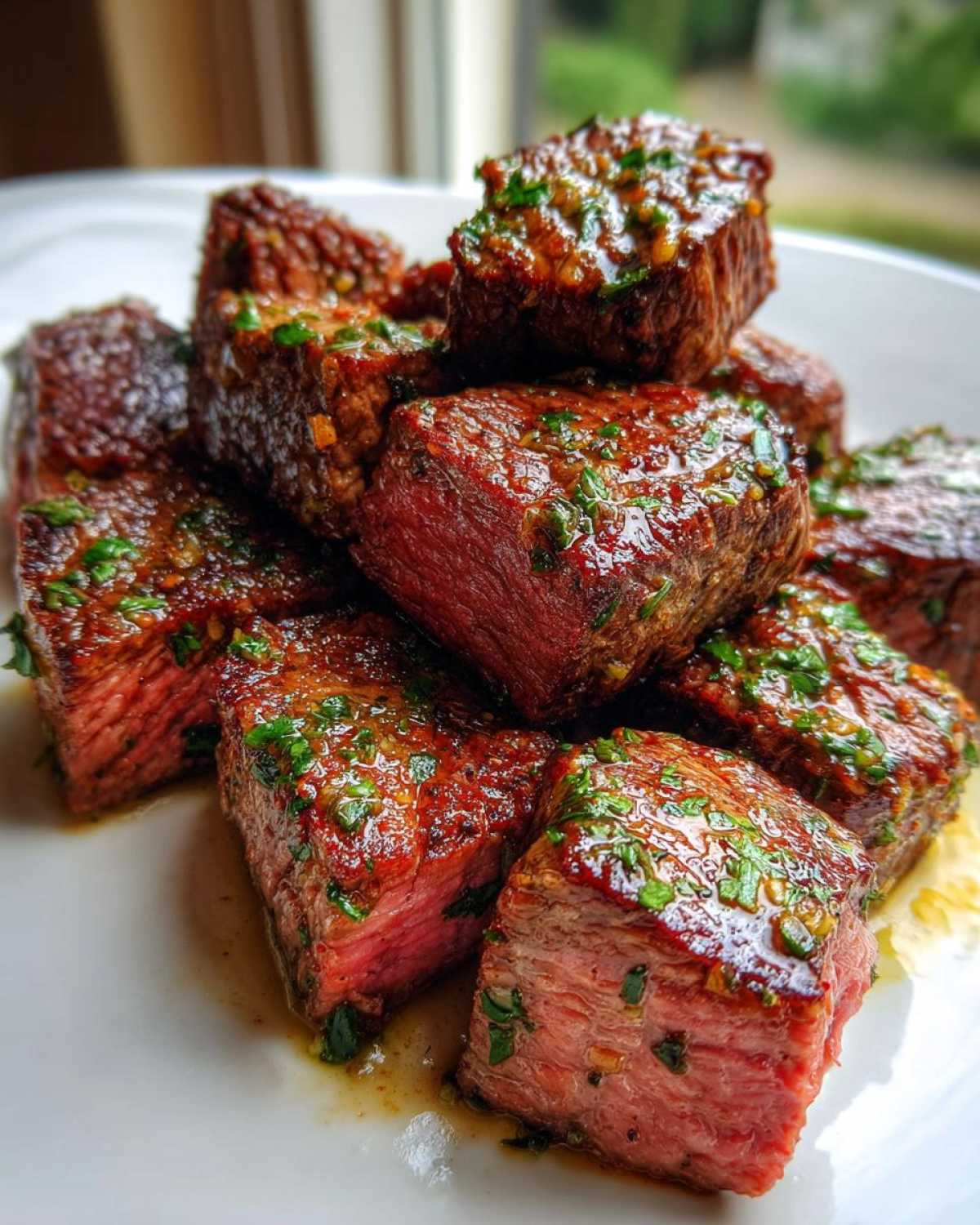 Close-up of perfectly cooked Garlic Butter Steak Bites with a juicy, pink center, coated in garlic butter and parsley.