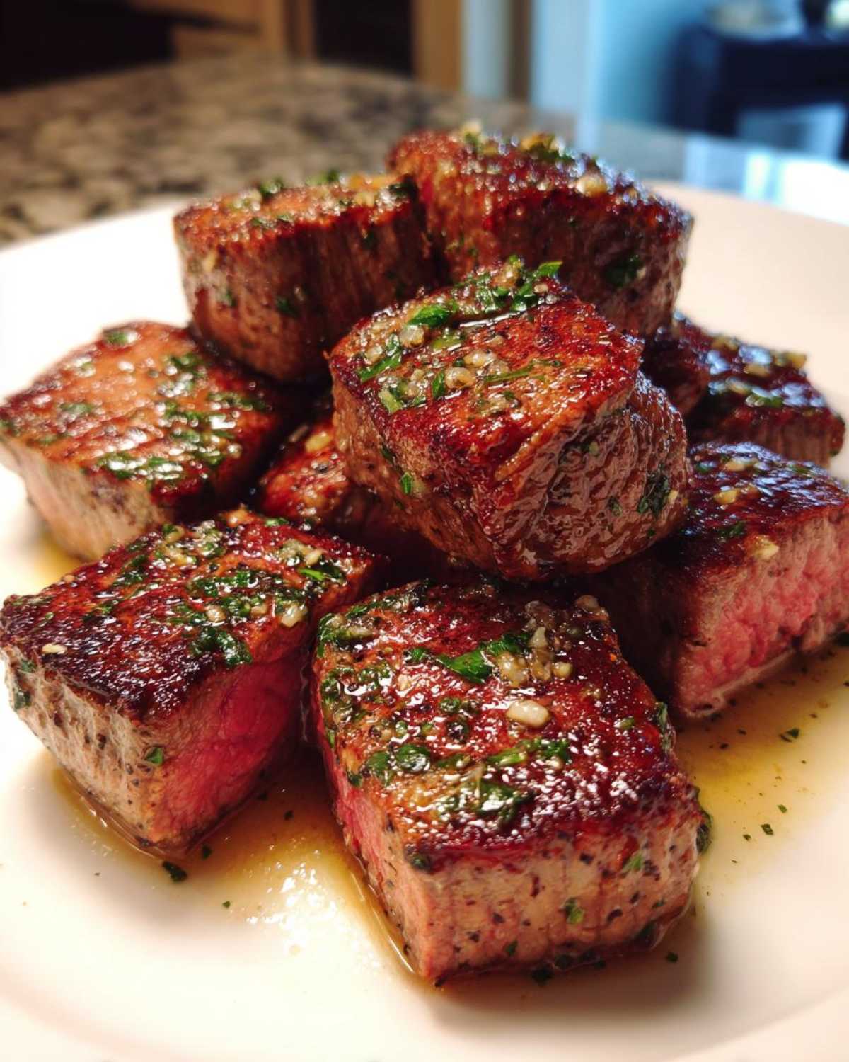 A pile of seared Garlic Butter Steak Bites with a juicy, medium-rare center, glistening with garlic butter and herbs.