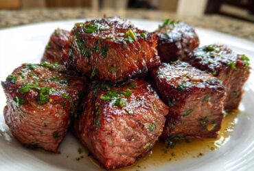 Close-up of seared Garlic Butter Steak Bites topped with fresh parsley, glistening with butter sauce.