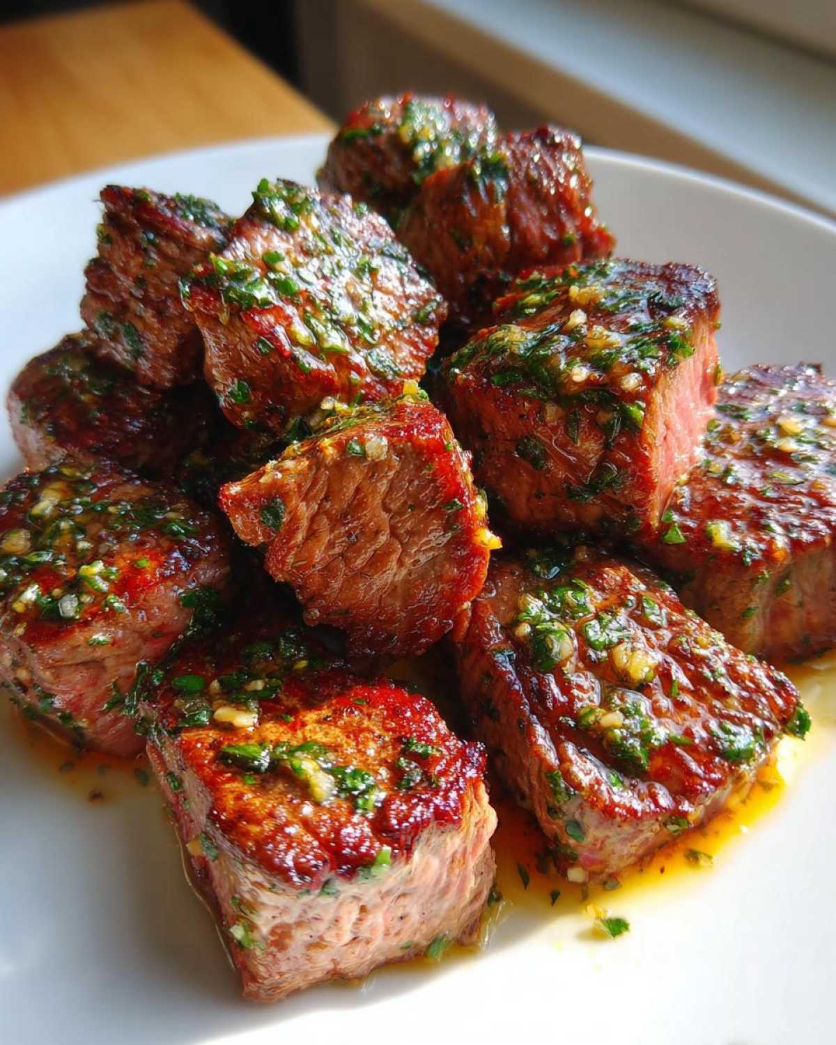 Close-up of perfectly seared Garlic Butter Steak Bites with a juicy center, glistening with garlic and parsley butter sauce.
