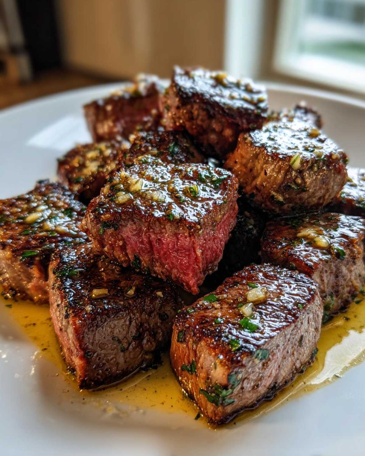 Close-up of seared Garlic Butter Steak Bites with a juicy, medium-rare center, glistening with garlic butter sauce.