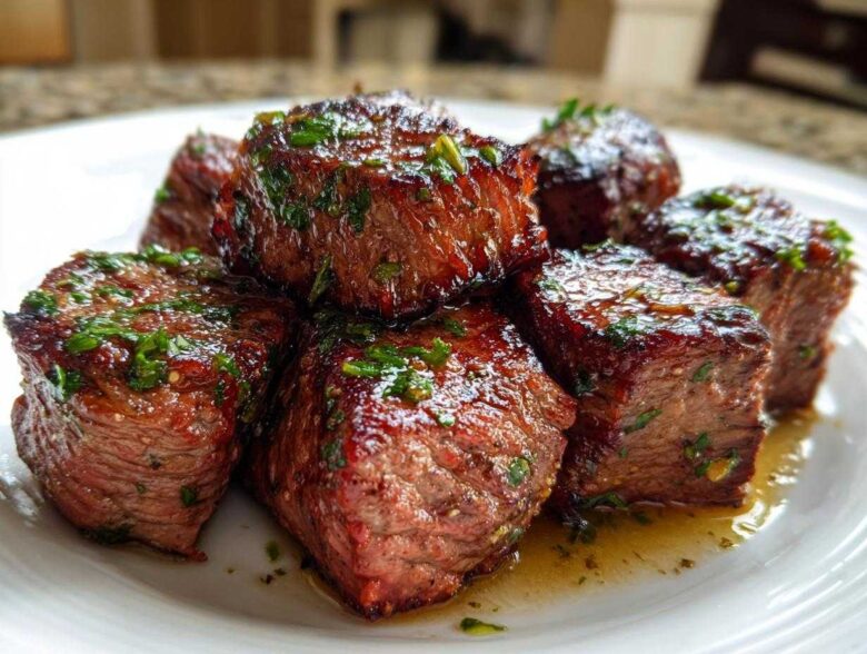 Close-up of seared Garlic Butter Steak Bites topped with fresh parsley, glistening with butter sauce.