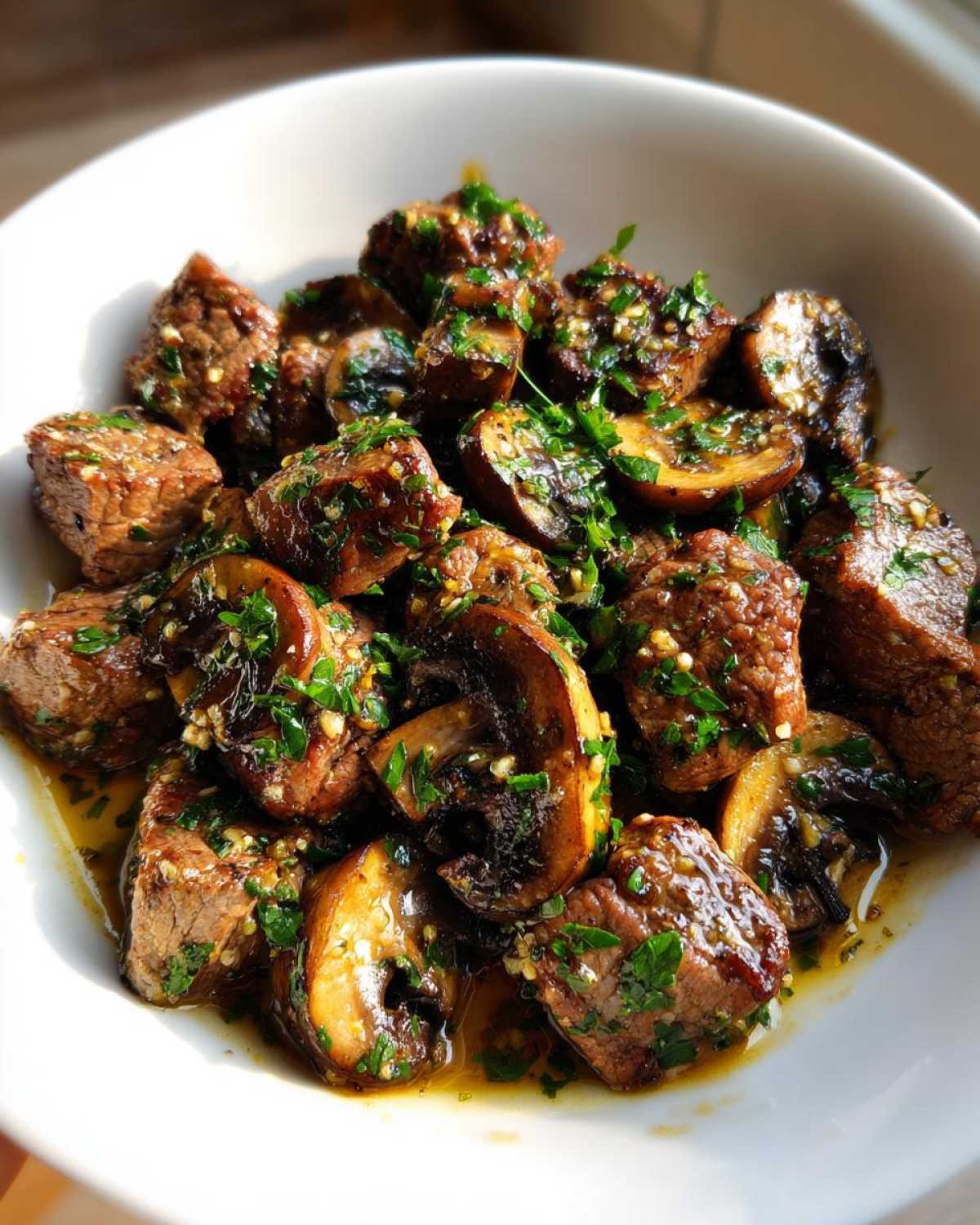 Close-up of savory Garlic Butter Steak Bites with Mushrooms, glistening in sauce and topped with fresh parsley.