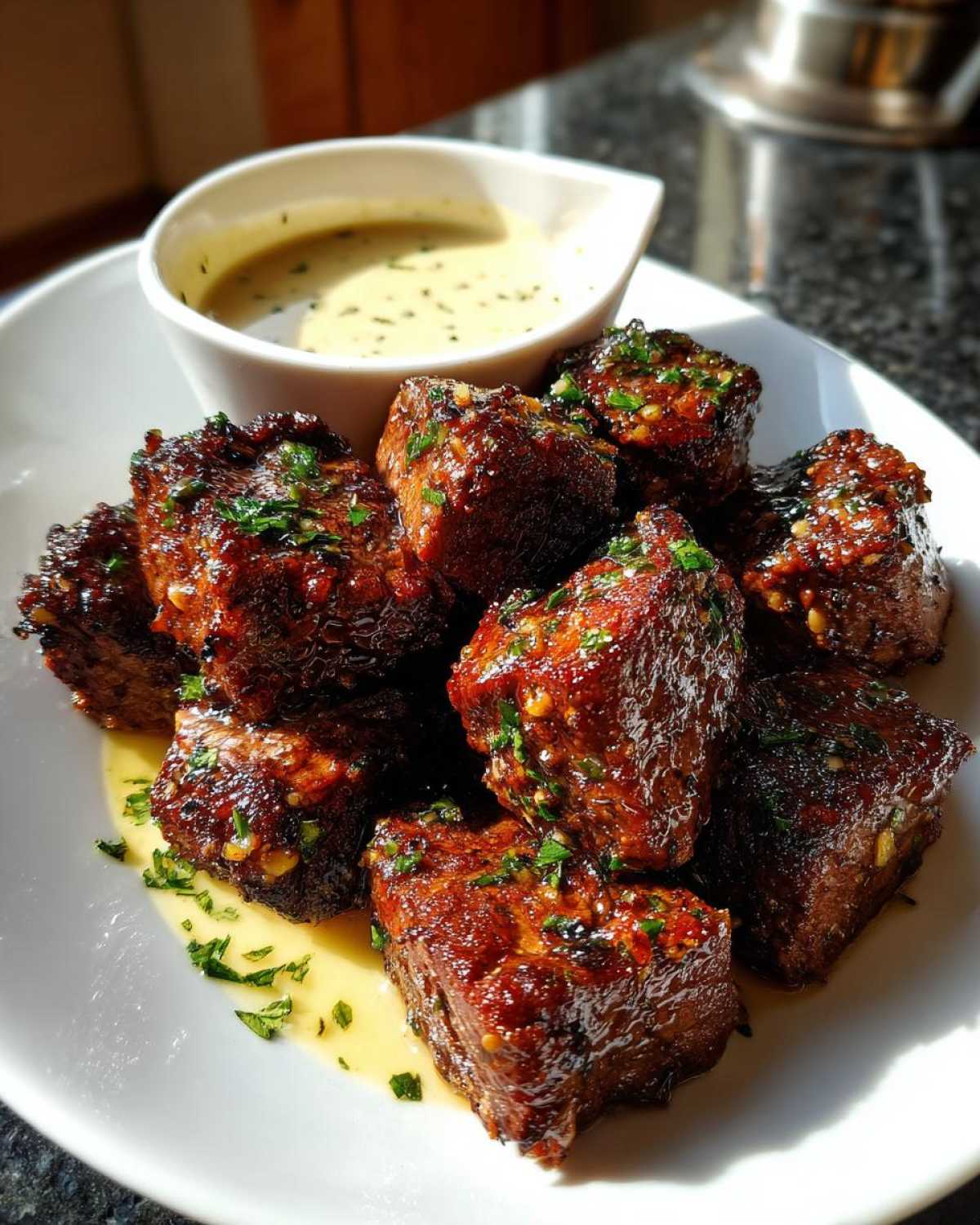 A plate of perfectly seared Garlic Butter Steak Bites glistening with sauce, served with a side of creamy garlic sauce.