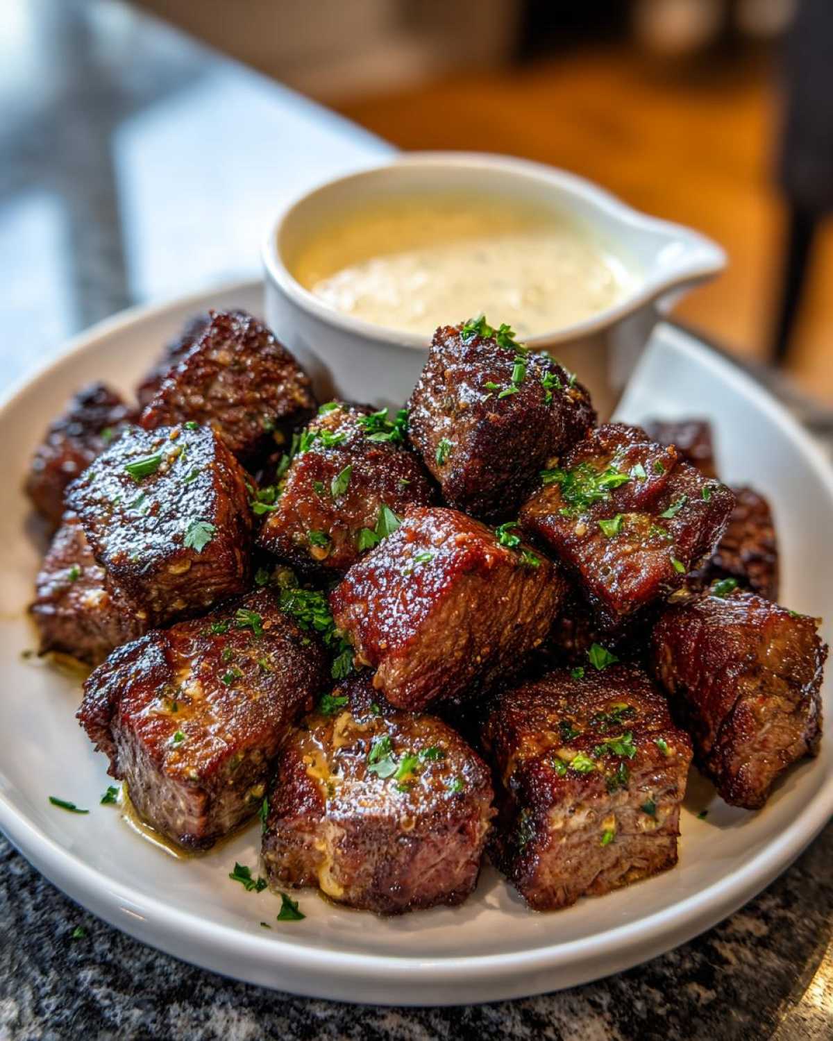 A pile of perfectly seared Garlic Butter Steak Bites garnished with parsley, served with a side of creamy garlic sauce.