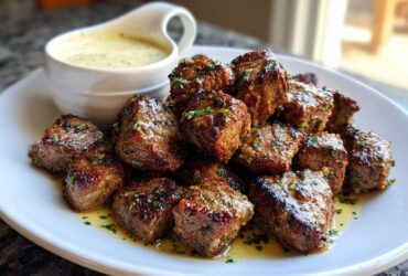A plate piled high with juicy Garlic Butter Steak Bites, glistening with sauce and parsley, served alongside a small gravy boat of garlic sauce.