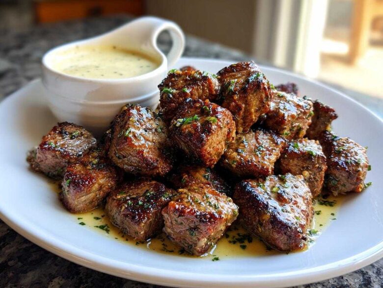 A plate piled high with juicy Garlic Butter Steak Bites, glistening with sauce and parsley, served alongside a small gravy boat of garlic sauce.
