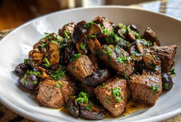 Close-up of tender Garlic Butter Steak Bites with Mushrooms, glistening with sauce and topped with fresh parsley.