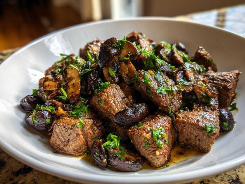 Close-up of tender Garlic Butter Steak Bites with Mushrooms, glistening with sauce and topped with fresh parsley.