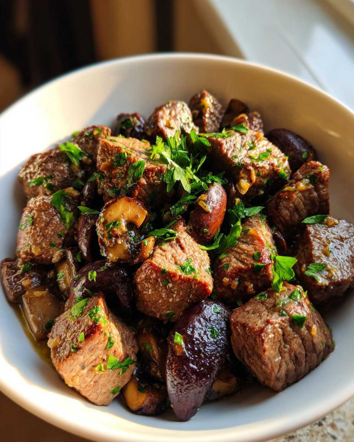 Close-up of tender Garlic Butter Steak Bites with Mushrooms, garnished with fresh parsley in a white bowl.