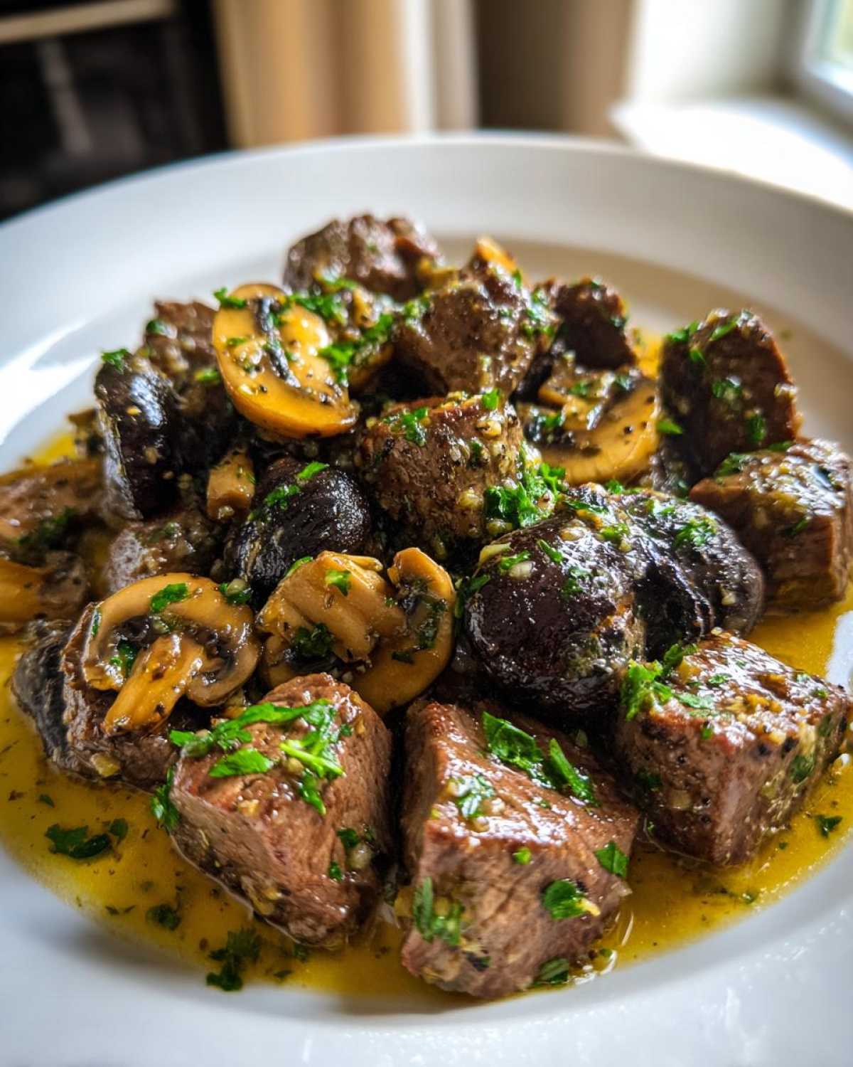 Close-up of tender Garlic Butter Steak Bites with Mushrooms coated in rich garlic butter sauce and fresh parsley.