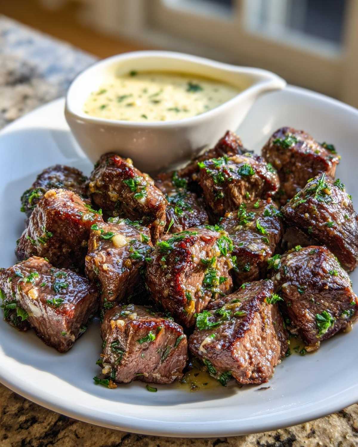 A plate of perfectly cooked Garlic Butter Steak Bites topped with parsley, served with a side of creamy garlic sauce.