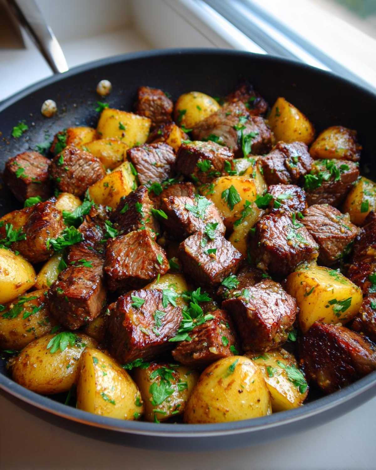 Close-up of seared steak bites and golden potatoes coated in garlic butter, garnished with parsley in a skillet.