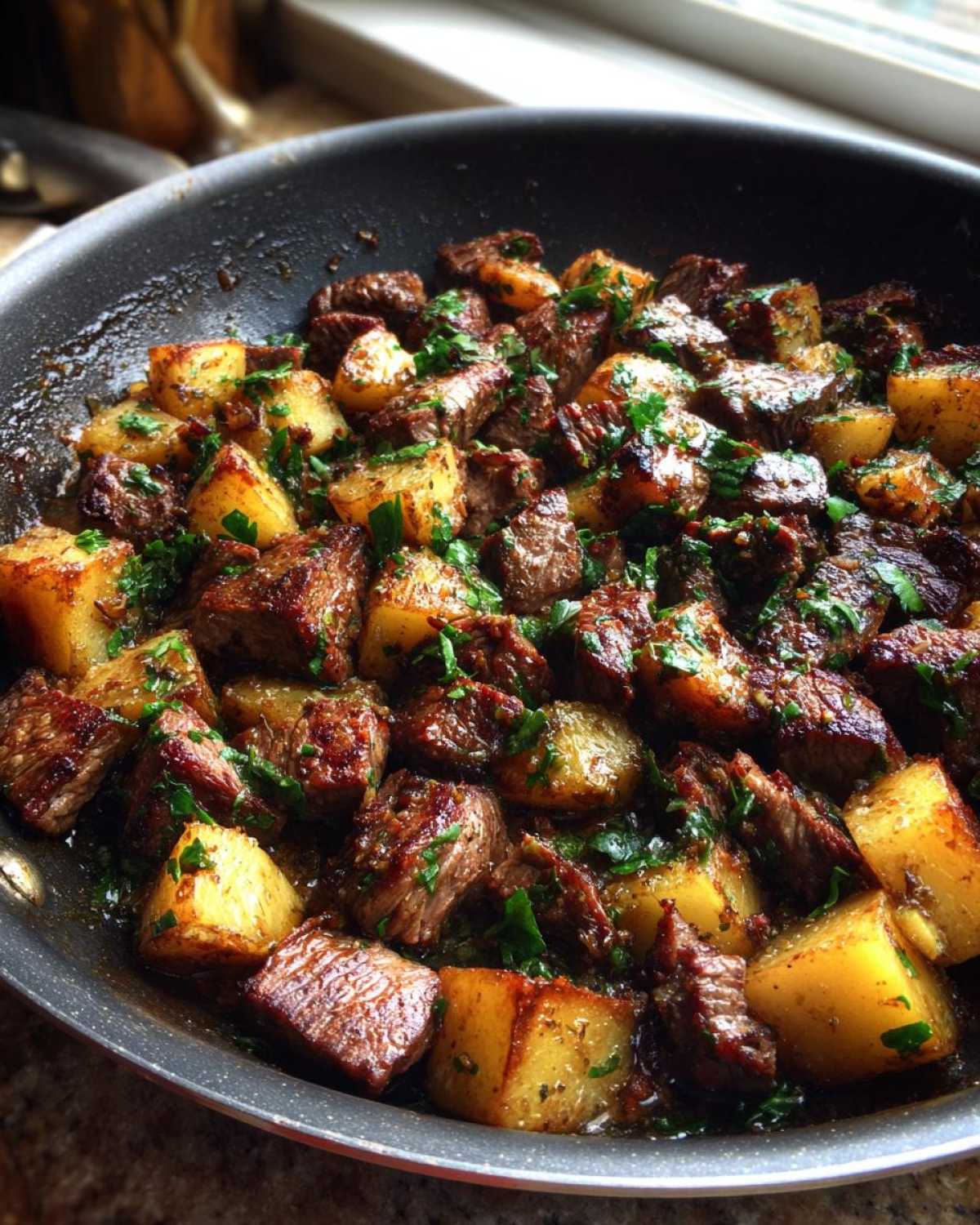 Close-up of seared steak cubes and golden potatoes sizzling in a skillet with garlic butter sauce and fresh parsley.