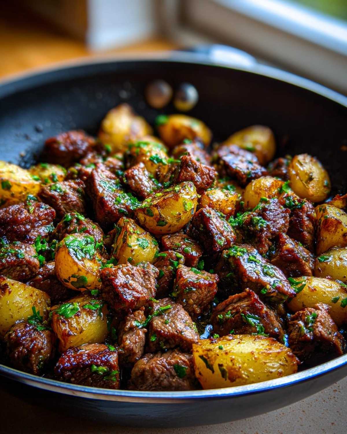 Close-up of juicy, browned steak cubes and roasted potatoes in a skillet, finished with fresh parsley for Garlic Butter Steak and Potatoes Skillet.