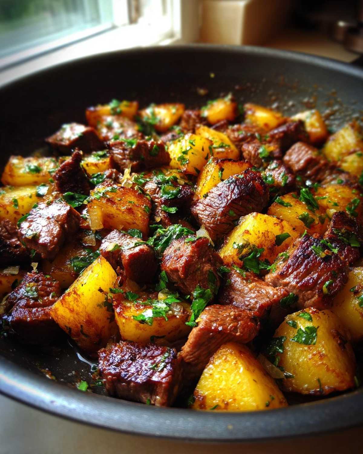 Close-up of seared beef cubes and golden potatoes in a skillet, topped with fresh parsley, ready for Garlic Butter Steak and Potatoes Skillet.