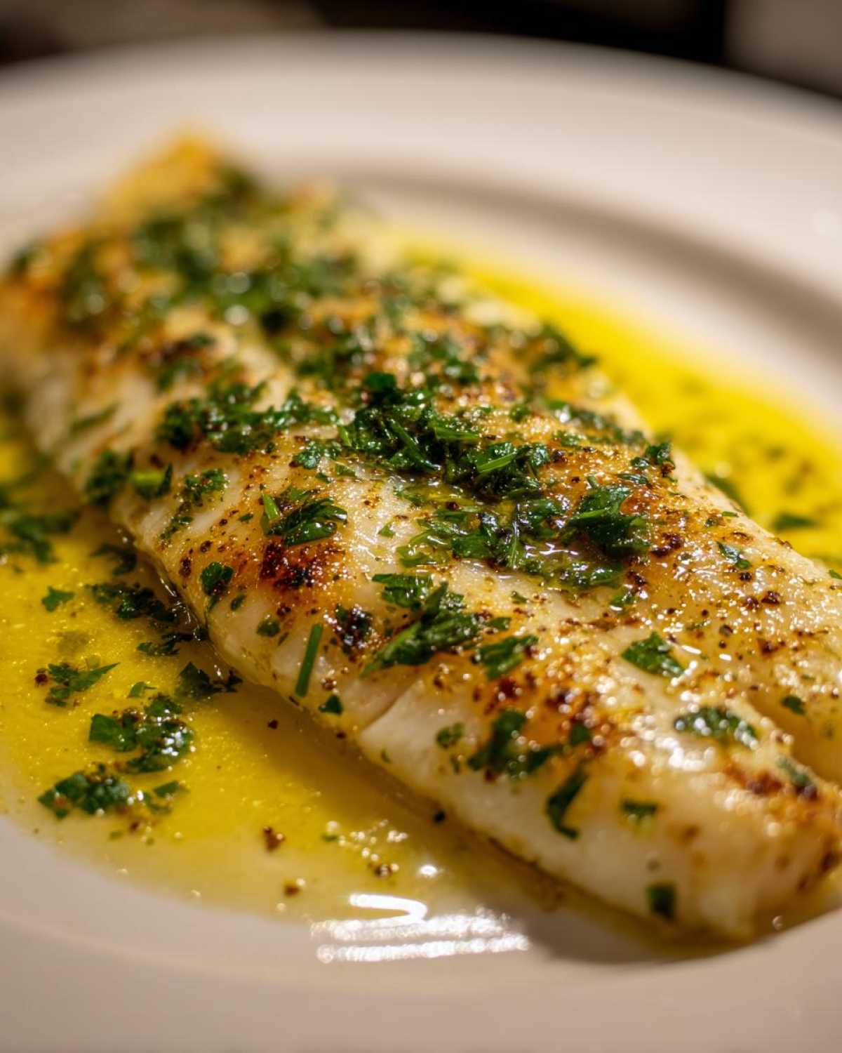 Close-up of a perfectly cooked fillet of Garlic Butter Tilapia with Lemon Sauce, topped with fresh parsley.