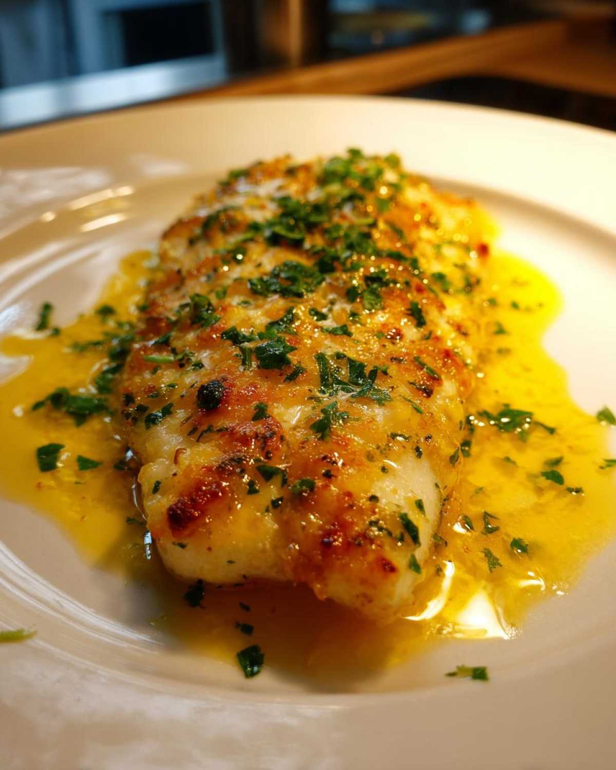 A close-up of a perfectly cooked fillet of Garlic Butter Tilapia with Lemon Sauce, glistening in butter and topped with fresh parsley.