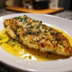 Close-up of a perfectly cooked Garlic Butter Tilapia with Lemon Sauce, topped with fresh parsley.
