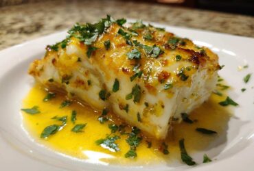 A close-up of a flaky white fillet of Garlic Butter Tilapia with Lemon Sauce, topped with parsley.