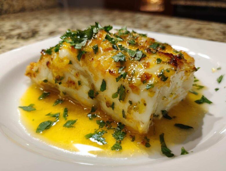 A close-up of a flaky white fillet of Garlic Butter Tilapia with Lemon Sauce, topped with parsley.