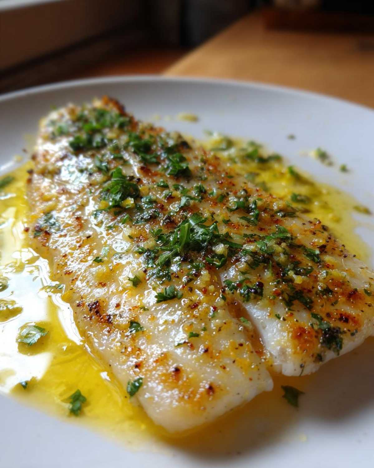 Close-up of a cooked fillet of Garlic Butter Tilapia with Lemon Sauce, glistening with butter and topped with fresh parsley.