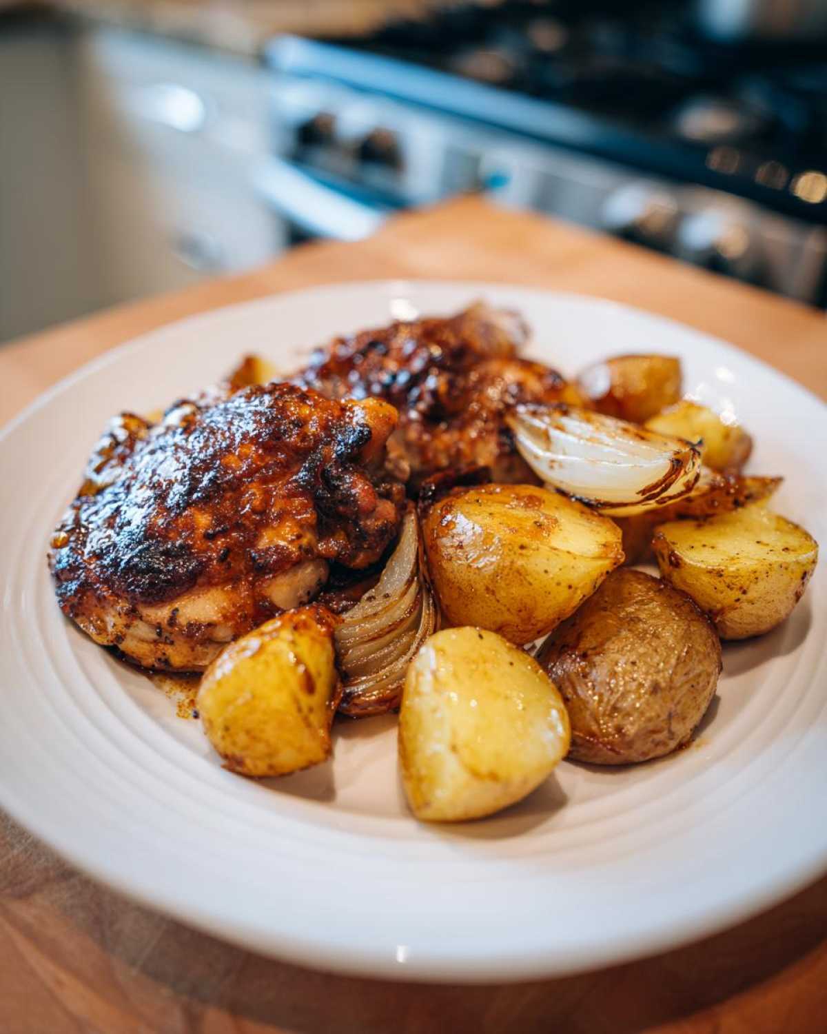 Close-up of Honey BBQ Chicken Bake with potatoes and caramelized onions on a white plate.
