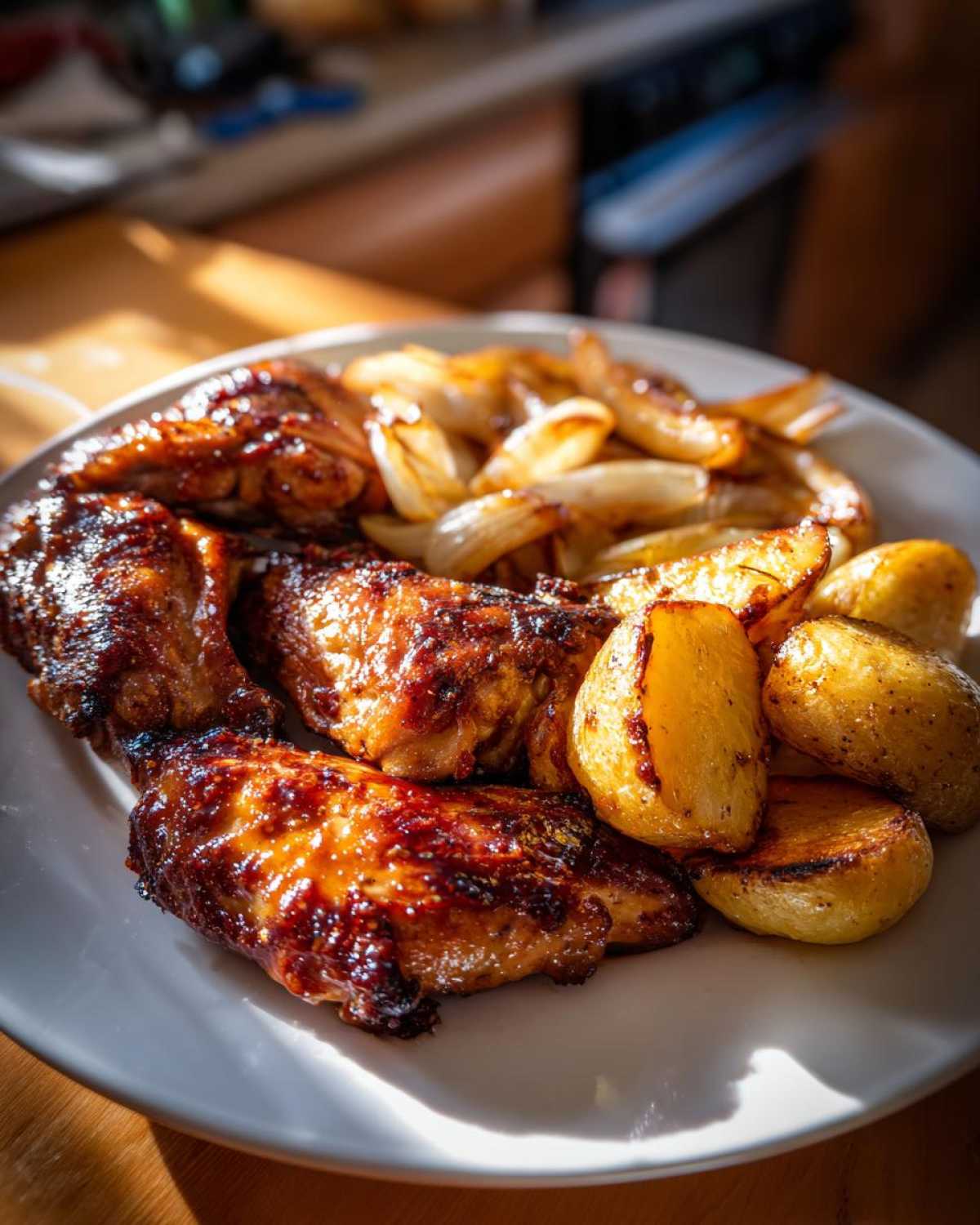 Close-up of glazed Honey BBQ Chicken Bake with Potatoes and caramelized onions on a white plate.