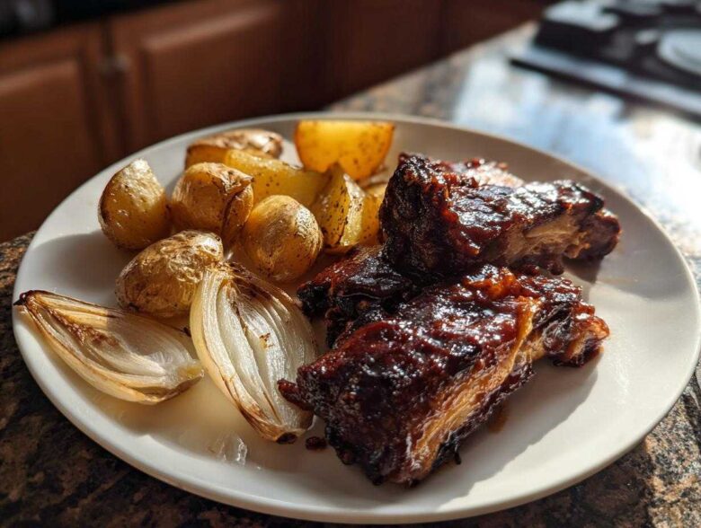 Close-up of Honey BBQ Chicken Bake pieces served with roasted potatoes and caramelized onions on a white plate.