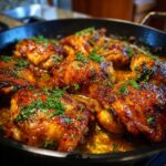 Close-up of Honey Butter Chicken Skillet with golden edges simmering in a rich sauce and garnished with fresh parsley.