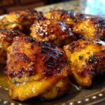 Close-up of several pieces of Honey Butter Chicken Skillet with golden edges, glistening with a rich, dark glaze.