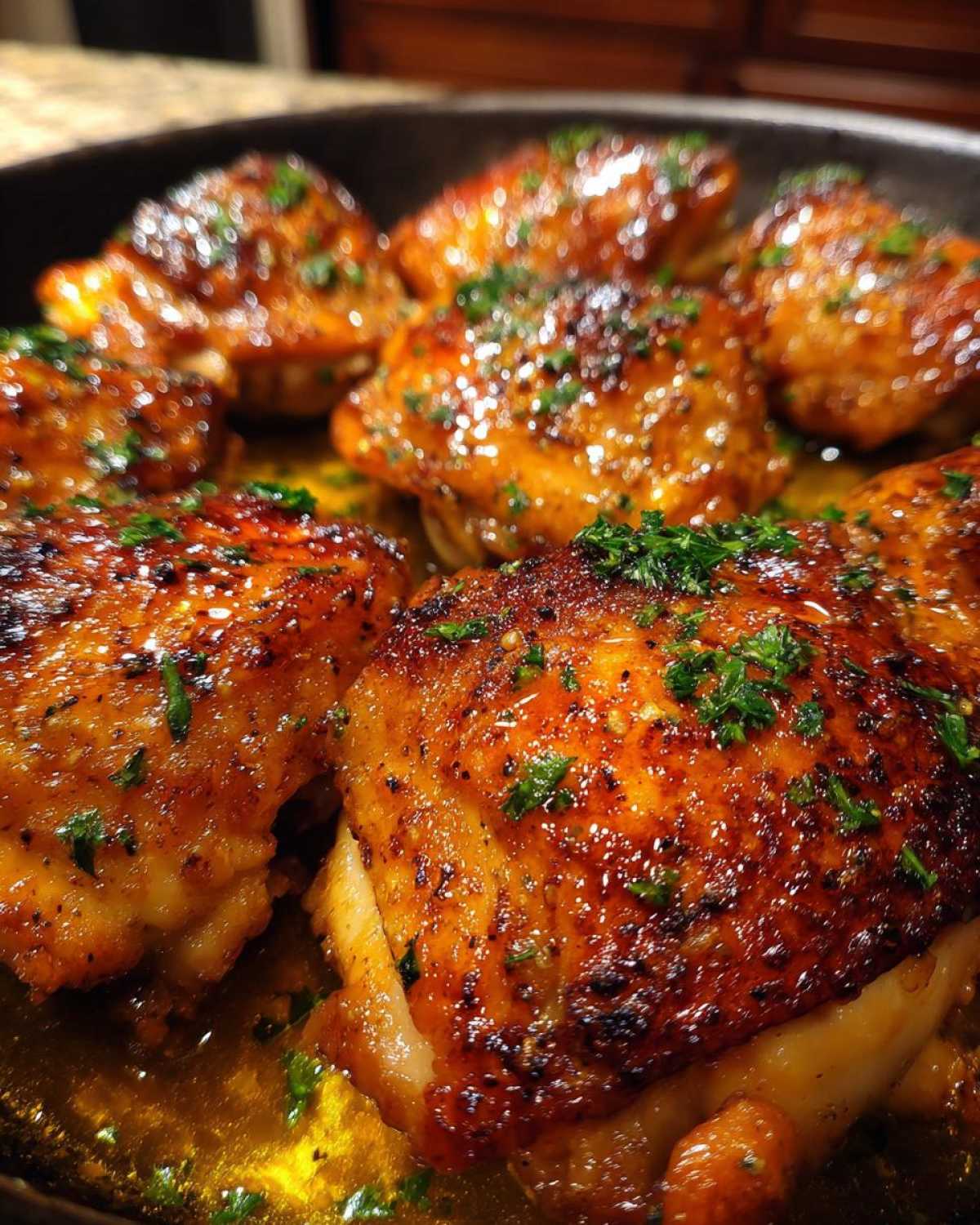 Close-up of several pieces of Honey Butter Chicken Skillet with golden, glazed skin, garnished with parsley.