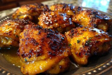 Close-up of several pieces of Honey Butter Chicken Skillet with golden edges, glistening with a rich, dark glaze.