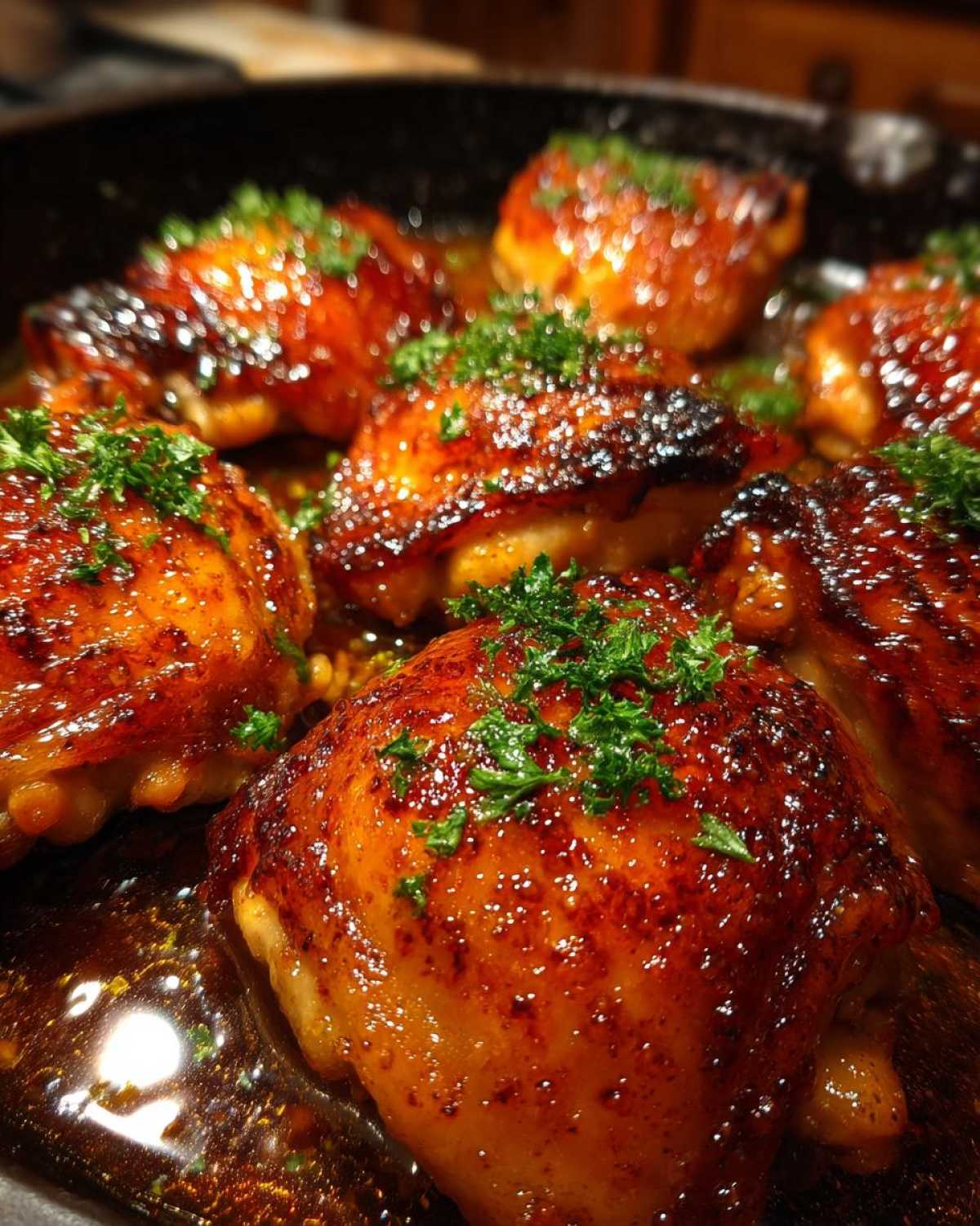 Close-up of glistening Honey Butter Chicken Skillet pieces with golden edges, garnished with fresh parsley.