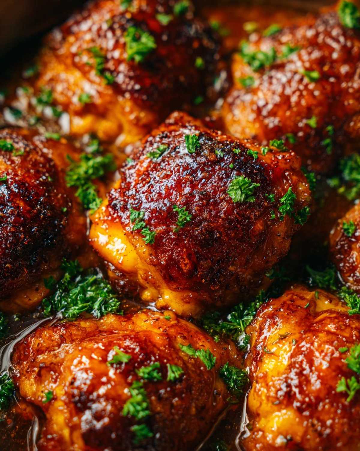 Close-up of several pieces of Honey Butter Chicken Skillet with golden, caramelized edges simmering in sauce and topped with fresh parsley.