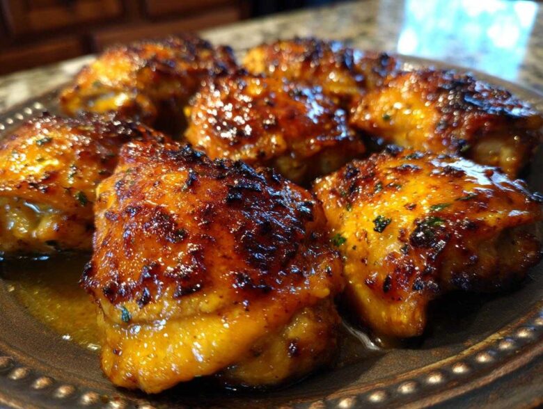 Close-up of several pieces of Honey Butter Chicken Skillet with golden edges, glistening with a rich, dark glaze.