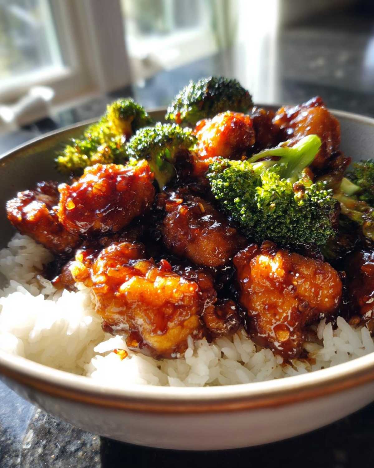 A close-up of a Honey Garlic Chicken Bowl with rice, topped with glazed chicken pieces and bright green broccoli florets.