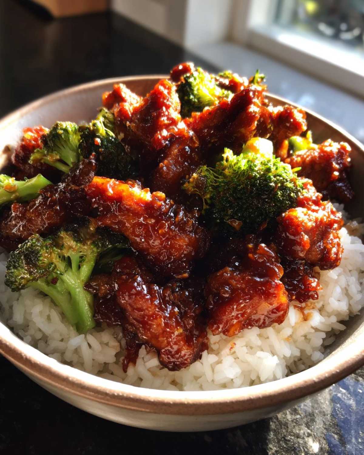 Close-up of a Honey Garlic Chicken Bowl with Rice, featuring crispy chicken pieces coated in a dark glaze and mixed with bright green broccoli florets.