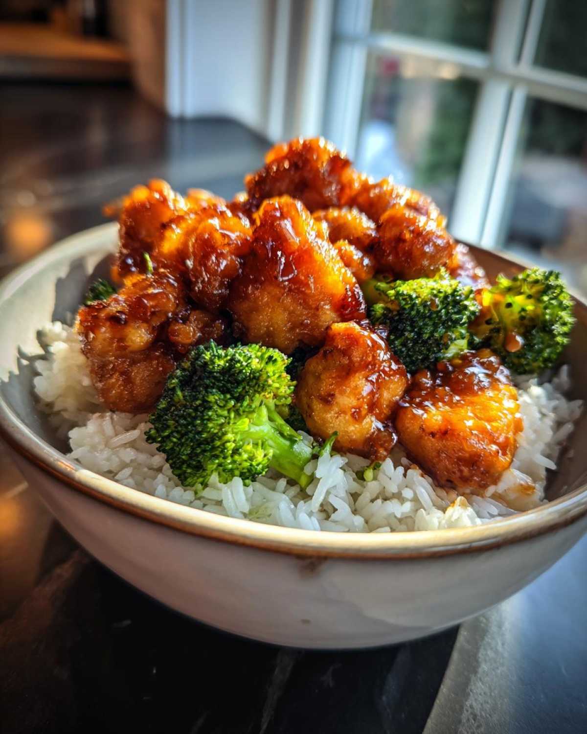 Close-up of a Honey Garlic Chicken Bowl with rice, topped with glossy, glazed chicken pieces and bright green broccoli florets.