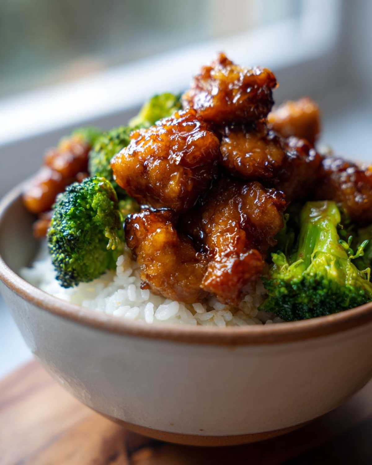 Close-up of a Honey Garlic Chicken Bowl with rice topped with sticky, glazed chicken pieces and bright green broccoli florets.