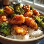 Close-up of a Honey Garlic Chicken Bowl with rice, topped with glossy, glazed chicken pieces and bright green broccoli florets.