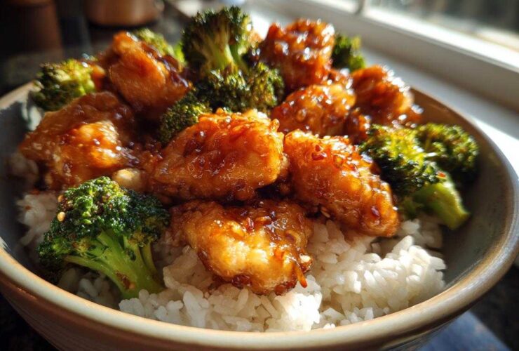 Close-up of a Honey Garlic Chicken Bowl with rice, topped with glossy, glazed chicken pieces and bright green broccoli florets.