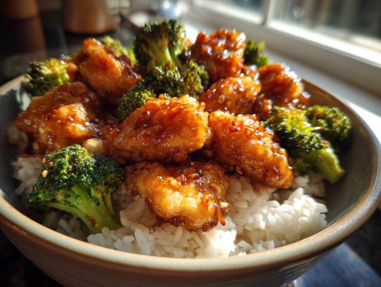 Close-up of a Honey Garlic Chicken Bowl with rice, topped with glossy, glazed chicken pieces and bright green broccoli florets.