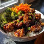 A close-up of a Honey Garlic Chicken Bowl featuring sticky glazed chicken pieces over rice, served with roasted broccoli and shredded carrots.