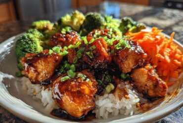 Close-up of a Honey Garlic Chicken Bowl featuring glazed chicken pieces over rice, served with steamed broccoli and shredded carrots.